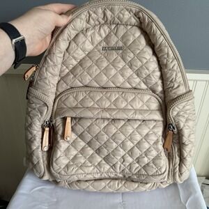 MZ Wallace Pocket Metro Quilted Nylon Backpack Diaper Laptop Work Bag Beige Tan